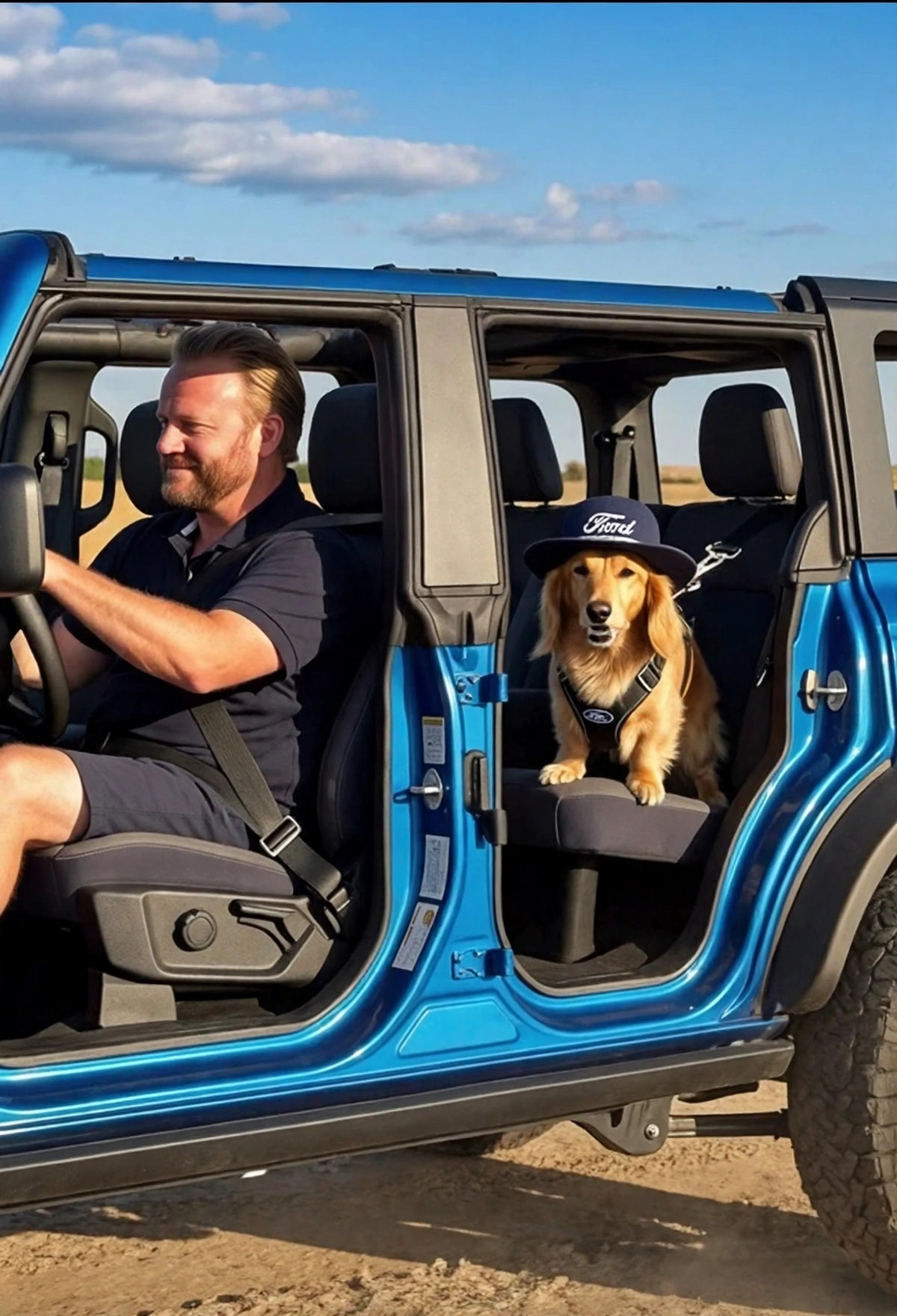 Robert Hall driving a blue Ford Bronco with Dude, his blonde long-haired dachshund, riding in the back seat.